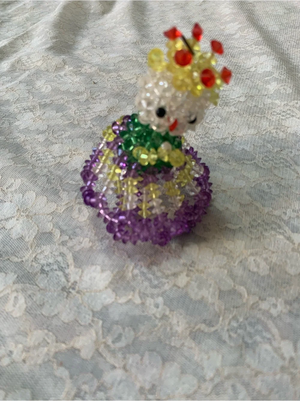 Vintage 3D Beaded Doll Figurine Handmade Purple&Yellow Crystal Princess Ornament